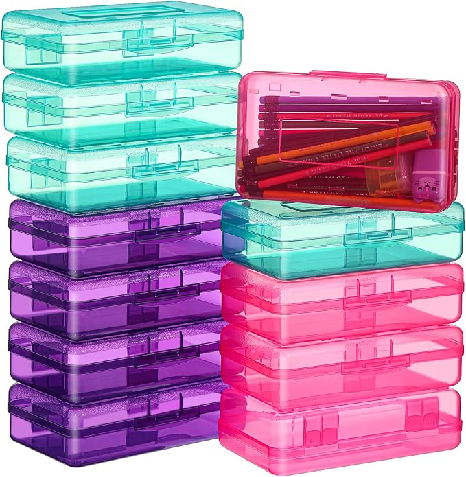 Fainne 24 Pack Clear Plastic Pencil Box,Turquoise, Purple, Pink | Stackable Organizer for School Supplies, Large Case for Crayons Markers, Snap-lid Keeps Stationery Secure, Bulk Set by Fainne