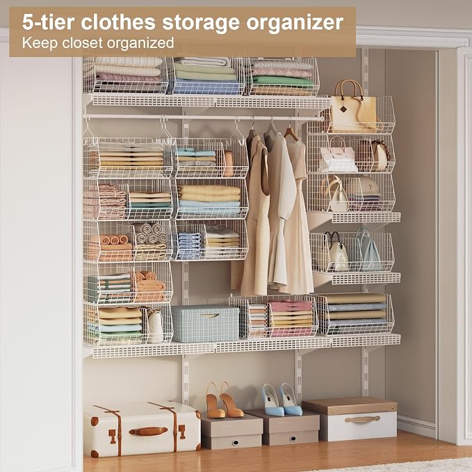 5 Tier Extra Large Closet Hanging Shelves with Divider,2 Pair Hook,16.5"L x 11.8"W x 51.4"H Closets Organizers and Storage,Clothes Organizer Clothing Sweaters Shoes Handbags Clutches Accessories-White - Image 7
