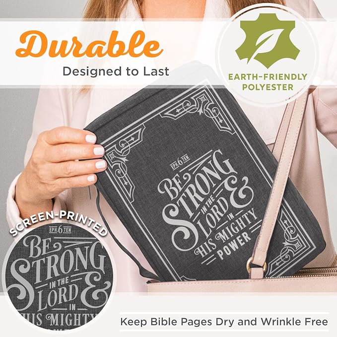 Christian Art Gifts Men/Women's Bible Cover Strong in The Lord Ephesians 6:10, Gray Canvas, Medium - Image 8