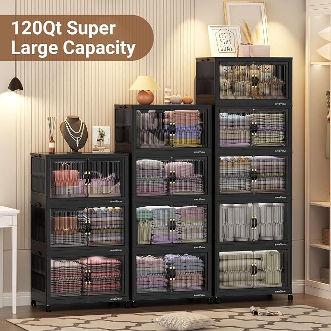 BROVIEW 360Qt Stackable Storage Bins with 3 Lids, Extra Large Closet Organizer Collapsible Drawer Boxes with Wheels, Folding Plastic Cabinet Containers for Home Kitchen Room Organization, 3Pack Black - Image 5