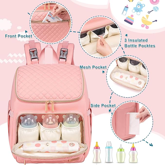 Diaper Bag Backpack Large Baby Diaper Bag with Changing Pad Travel Diaper Backpack,Baby Bag for Boys Girls,Stroller Straps,5 Insulated Pockets (Pink) - Image 3