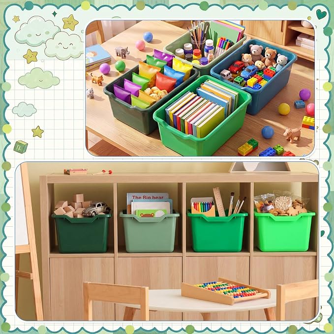 16 Pcs Cubby Bins for Classroom Plastic Book Bins,Green Series | Storage Bins for Classroom Library, Plastic Stackable Toy Tubs Containers for School Office Home Nursery Playroom - Image 5