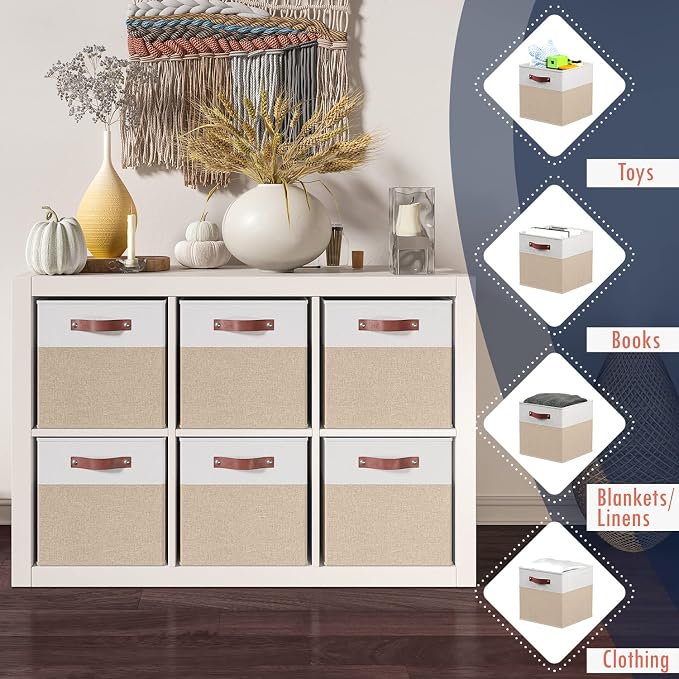 Ornavo Home 13x13 Foldable Fabric Storage Cube Bins, 6 Pack, White/Khaki | Collapsible Linen Shelf Basket Organizer; Leather Handles; Ideal Cube Storage For Closet - Image 3