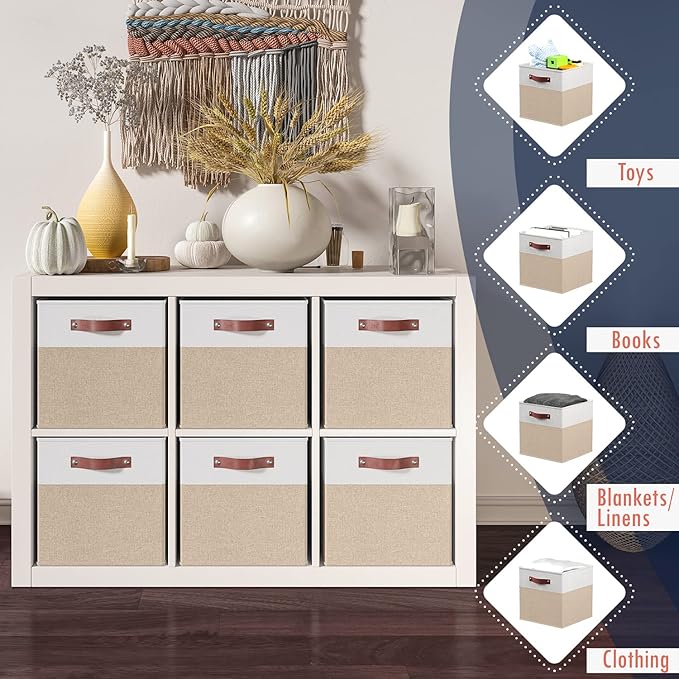 Ornavo Home 13x15x13 Foldable Fabric Storage Cube Bins, 6 Pack, White/Khaki | Collapsible Linen Shelf Basket Organizer; Leather Handles; Fits Cube Storage Shelving Units - Image 6
