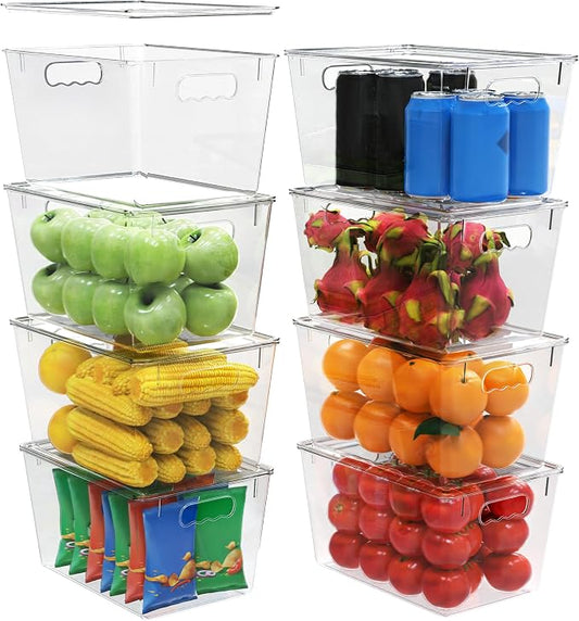 YAN & HIN 8 Pack Clear Storage Bins with Lids, Stackable Plastic Organizer Bins with Handles, Pantry Organizers and Storage for Kitchen Cabinet, Fridge, Bathroom, Closet and Shelf Organization by YANHIN