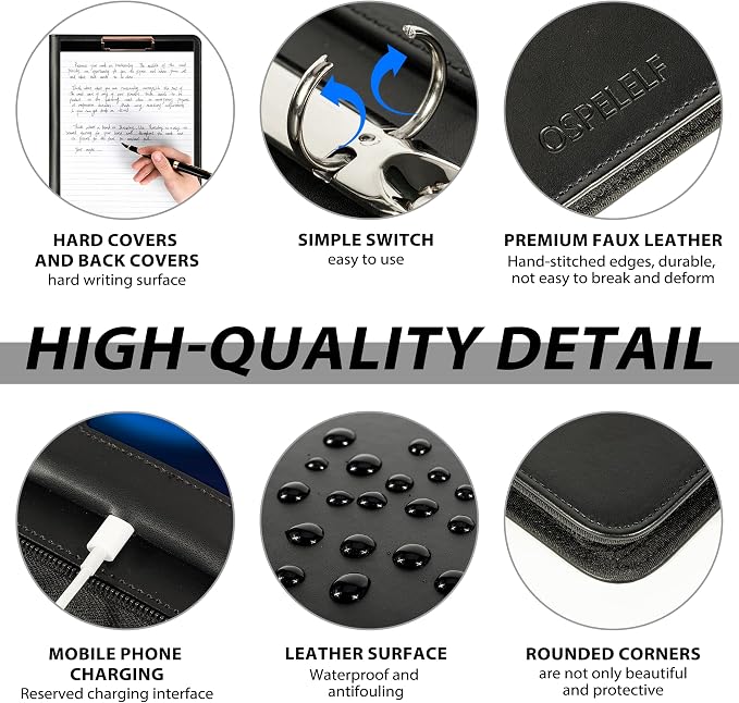 Ospelelf Leather Clipboard with Storage, Zippered Padfolio Portfolio Organizer, 3 Ring Binder 1 Inch, Notepad, Tablet Sleeve, 5 Dividers with Pocket for Office, Nurses, Students, Teachers Black - Image 5