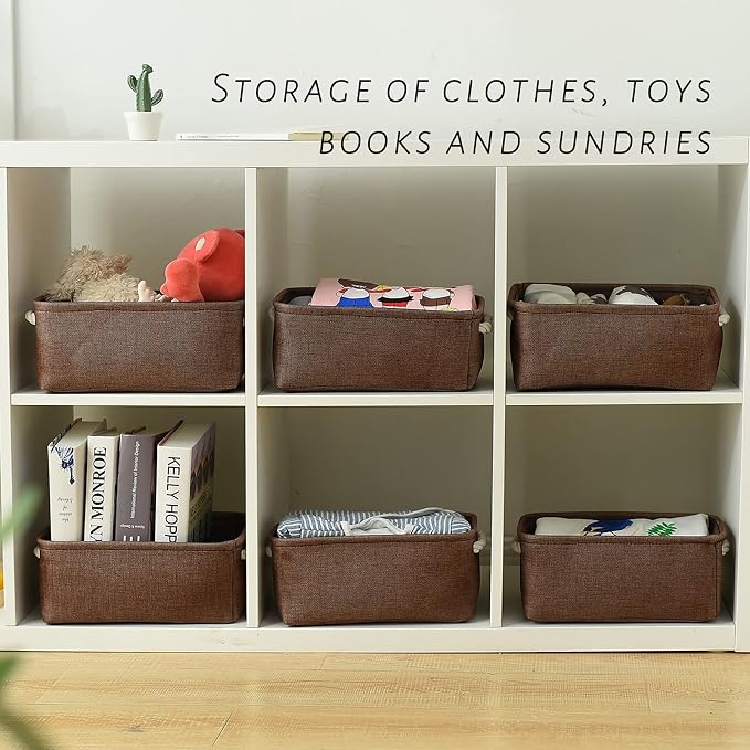 Storage Basket for Organizing - 12x8x5 inch Small 6 Pack Collapsible Storage Bin for Shelves with Handles, Canves Storage Box for Cloth Closet Organizer Gift Toy (Brown) - Image 4