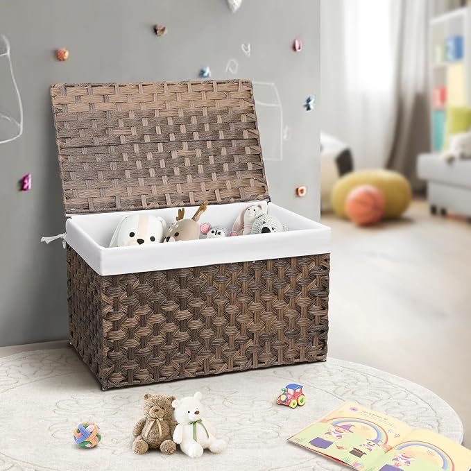 Wicker Storage Basket with Lid, 42.3 Gallon (160L) Large Blanket Basket with Lid, Woven Storage Bin with Handles, Removable Liner, Metal Frame, Foldable, for Bedroom, Laundry Room, Brown - Image 2