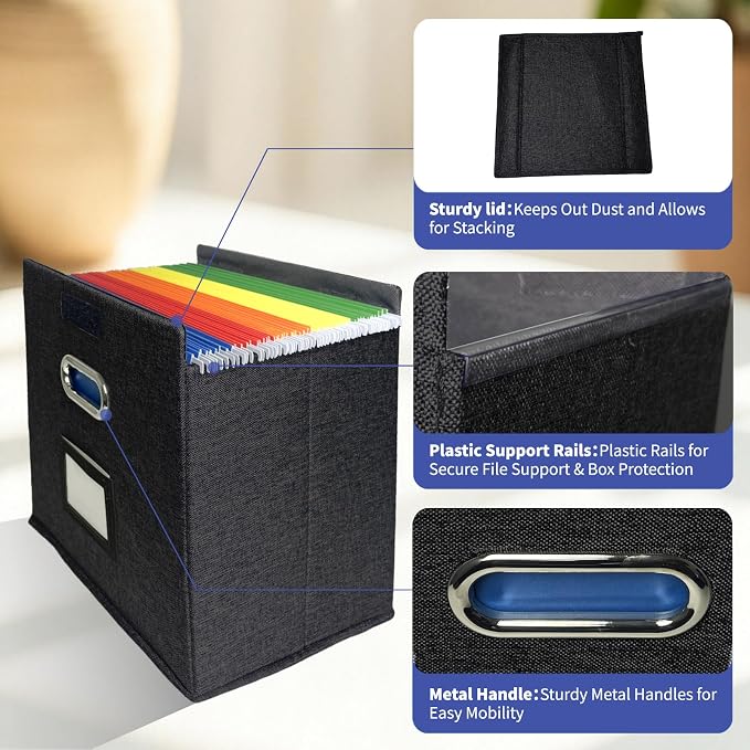 4 Pack Hanging File Folder Box with Lid, Durable Letter Size Filing Storage Box, Sturdy File Holder with Cardboard Support PVC Rails for Office Home Organizer, Black - Image 4