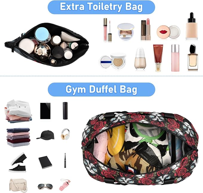 Travel Duffel Tote Bag Gothic Skull Cat Rose Sports Duffel Bag with Wet Pocket Weekender Overnight Bag for Women Men Gym Bag, Carry On Bag Hospital Bag for Labor and Delivery - Image 5