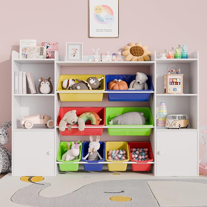 Xilingol Kids Toy Storage Organizer W/8 Removable Toy Bins, 4-Tier Toy Organizers W/6 Storage Cubbies, Kid Bookshelf and Toy Storage for Playroom, Bedroom, Kids Room, Classroom by Xilingol
