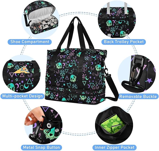 Travel Duffel Tote Bag Magic Skulls Sports Duffel Bag with Wet Pocket Weekender Overnight Bag for Women Men Gym Bag, Carry On Bag Hospital Bag for Labor and Delivery - Image 4