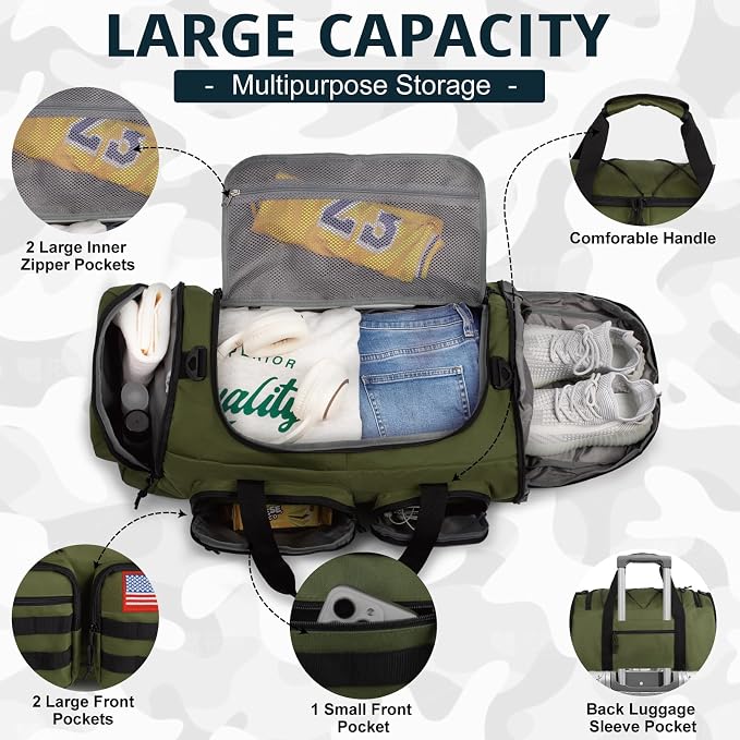 Tactical Gym Bag for Men,50L Large 3-in-1 Sports Duffle Bag for Travel Gym | Water Resistant ,Adjustable Shoulder Strap,MOLLE Weekender Overnight Bag with Shoes Compartment,Gym Backpack for Gym,Travel - Image 3