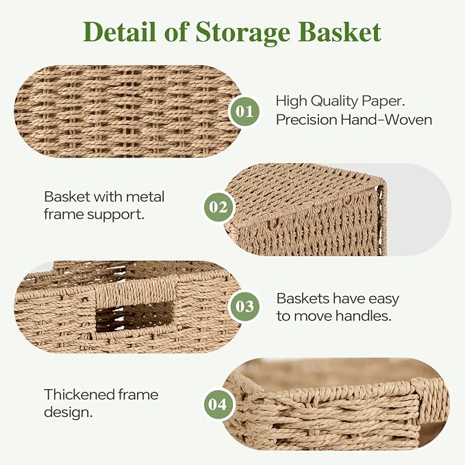 Patvingot 11-Inch Paper Rope Wicker Basket with Built-In Handles,2 Pack | For books, throws and accessories on open shelves, decorative woven texture, metal frame supports the shape, folds flat - Image 5