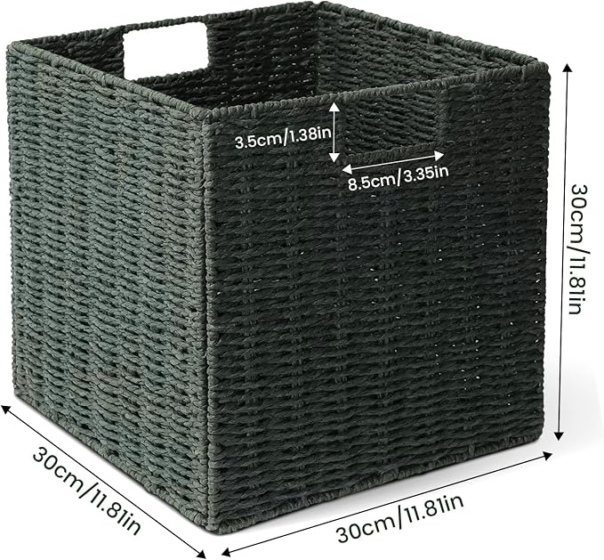 Set of 2 Hand-Woven Paper Rope Wicker Baskets, Storage Basket, Foldable Cube Storage Bins, Green Storage Cubes, Square Baskets for Organizing Shelves, 12x12x12in - Image 3