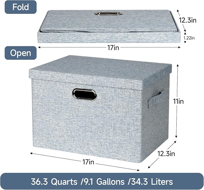 Storage Bins with Lids Fabric Closet Organizers Cubes Office Organization | 36 Quart 3 Pack Blue-Grey Collapsible Stackable Linen Fabric 4 Handles Bedroom Closet Cabinet Under Bed Clothes Toy Office - Image 2