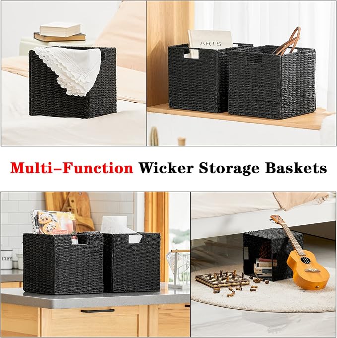 Wicker Storage Basket, Set of 2 Hand-Woven Wicker Basket, Foldable Cube Storage Bin, Black Storage Basket, Square Storage Baskets for Organizing Shelves & Decor, Black (11″×11″×11″) - Image 4