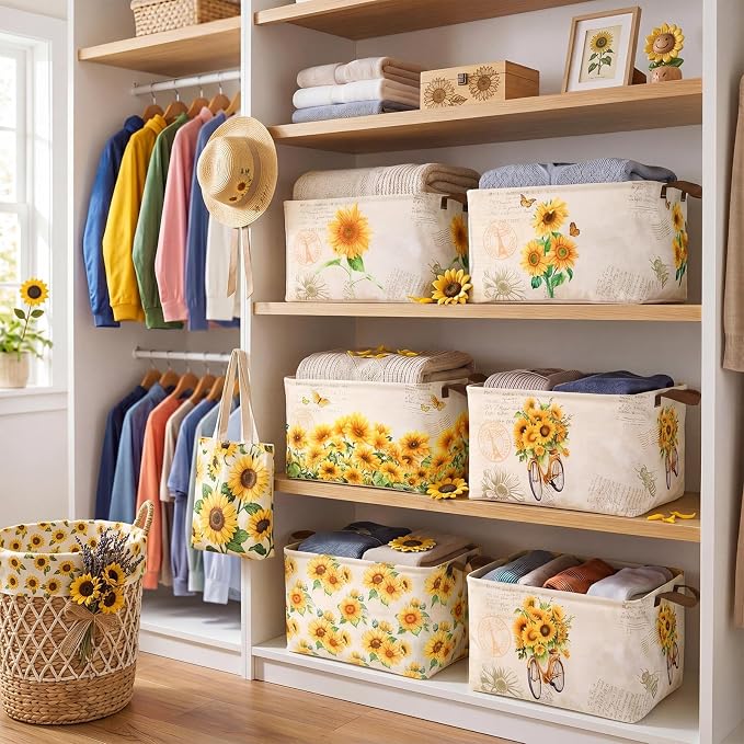 Fourluoo 6 Pack Sunflower Storage Basket with Handles Sunflower Clothes Storage Basket Bin Foldable Box Bins Organizer for Closet Shelf Nursery Kid Room Book Toy Chest - Image 5
