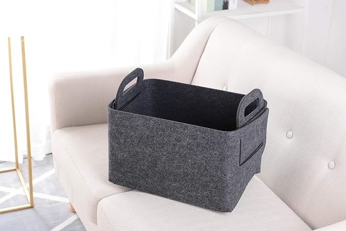 Minoisome Storage Basket Felt Storage Bin Collapsible& Convenient Box Organizer with Carry Handles for Office Bedroom Closet Babies Nursery Toys Laundry (Dark grey, 15.7inch（L）×11inch（W）×10inch（H）) - Image 2