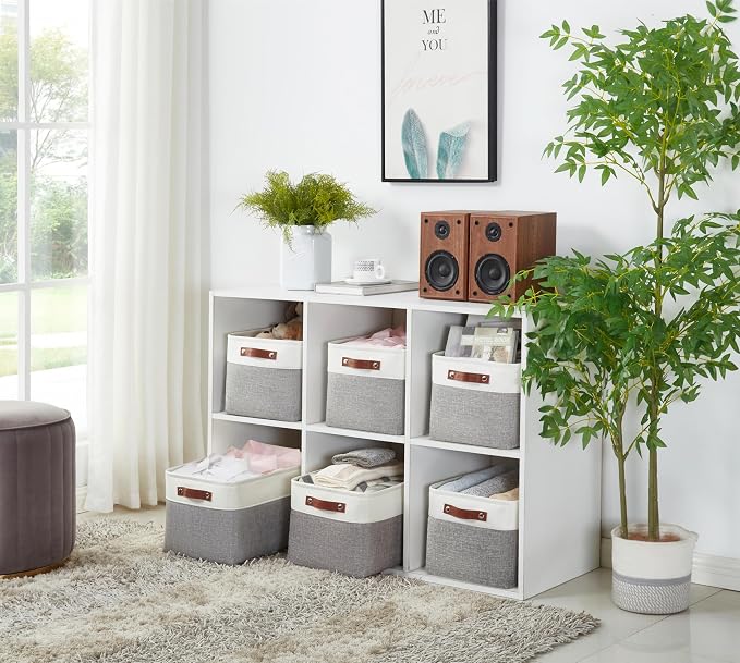 DECOMOMO Storage Bins, Large Fabric Storage Baskets for Shelves 1 Pack | 15 x 11 x 9.5 inches Decorative Linen Closet Organizers (Grey & White) - Image 2