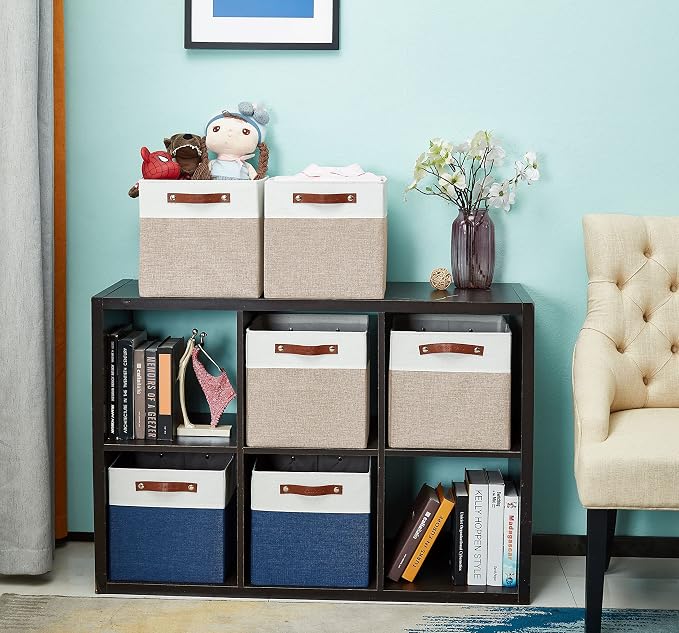 DECOMOMO Kallax Storage Cubes, Storage Baskets for Shelves 3-Pack | 13 x 15 x 13 Storage Bins, Baskets for Organizing Shelves (Beige & White) - Image 8
