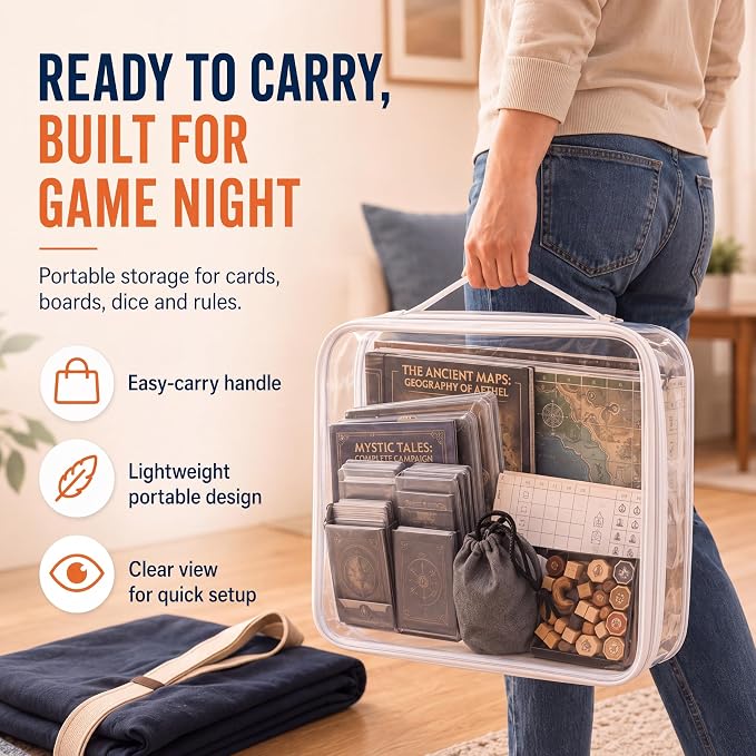 4-pack Extra Large Clear Board Game Storage Case with Handles | Clear Hard Shell Case with Zipper 4 Pcs A6 Mesh Bags & 4 Label Sticker for Board Games Card Decks Puzzle, 13.78"x11.8"x1.97" - Image 6