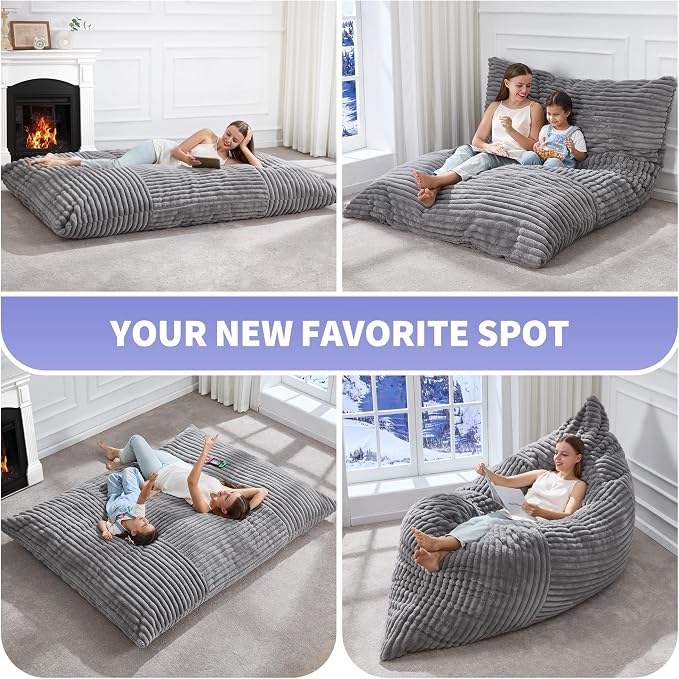 Hobestluk Adult Bean Bag Chair 3 in 1 Convertible Large Bean Bag Sofa | Striped Grey,Machine Washable,Removable Cover,Easy Convert And Install, Oversied Floor Bed,For Livingroom Bedroom - Image 6