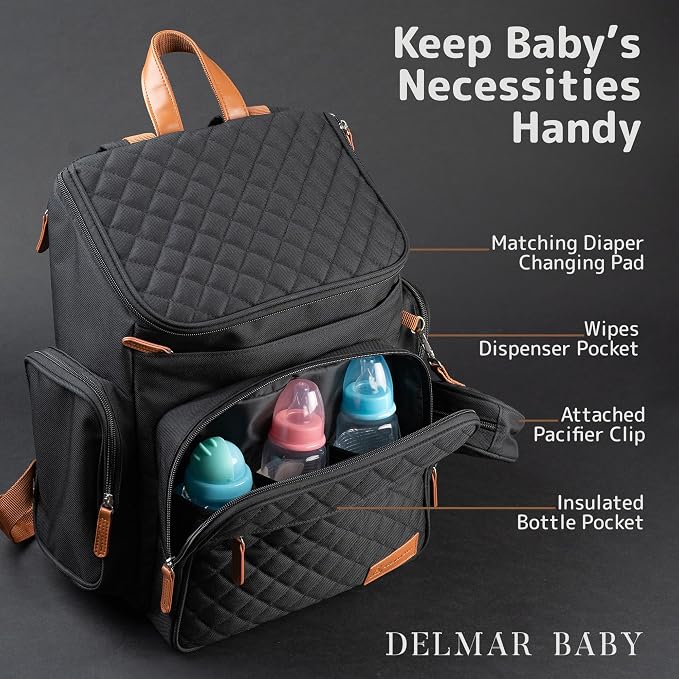 Large Diaper Bag Backpack for Mom & Dad | Unisex Baby Travel Bag | 15 Pockets | Changing Pad | Stroller Straps | Stylish & Washable | Newborn Essentials | Black - Image 4
