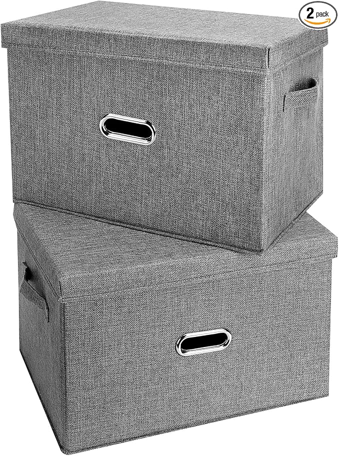 Large Linen Fabric Foldable Storage Bins with Removable Lid and Handles, Washable Storage Box Organizer Containers Baskets Cube with Cover for Bedroom,Closet,Nursery (Grey, XXL(2-Pack)) by Unknown