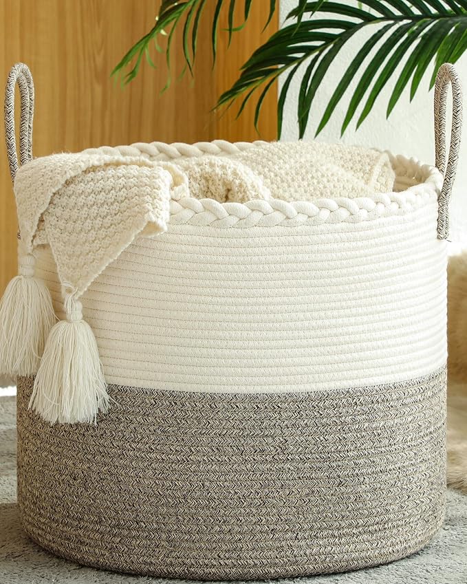 KAKAMAY Large Blanket Basket (18"x18"x16"),Woven Baby Laundry Hamper for Storage, Cotton Rope Blankets Baskets for Nursery, Laundry, Living Room, Pillows, Baby Toy chest with Handles (White/Beige) by KAKAMAY