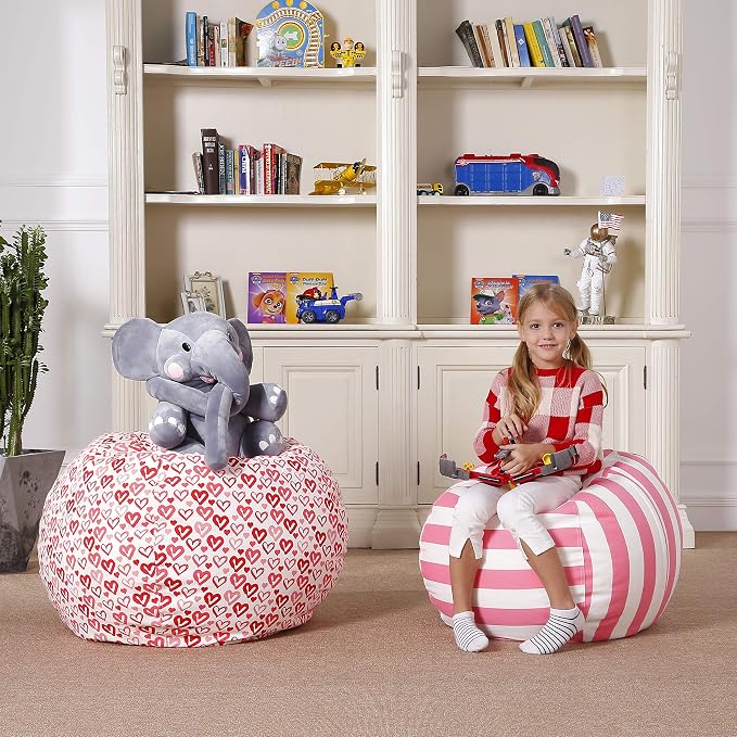 Aubliss Stuffed Animal Bean Bag Storage Chair, Beanbag Covers Only | for Organizing Plush Toys, Turns into Bean Bag Seat for Kids When Filled, Medium 32"-Canvas Stripes Pink/White - Image 2