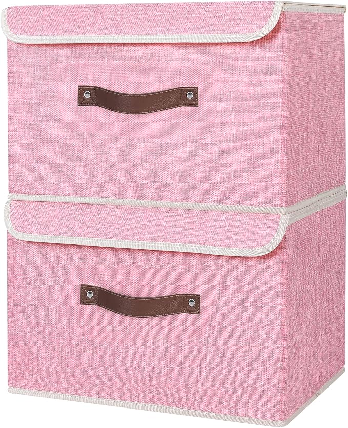 ANMINY Fabric Storage Box Bins with Lids, Pink, 15"x10"x10", 2 Pack | Keepsake Memory Storage, Cotton Linen, PP Board Reinforced, Washable, PU Handles, Foldable & Stackable, Decorative, Large - Image 2