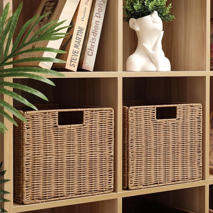 12X12X10in Plastic Wicker Storage Basket, Collapsible Wicker Cube Storage for Shelves, Woven Plastic Storage Basket for Pantry, Bedroom, Living Room, Bathroom, Shelves-3 Pack - Image 3