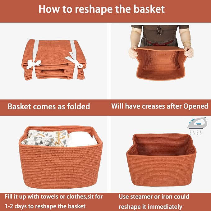 XUANGUO Woven Cotton Rope Storage Baskets 15x10x9.3" 3 Pack Rust | Decorative rectangular baskets for shelves and closets; storage bins help organize clothes, toys, books and nursery items. - Image 7