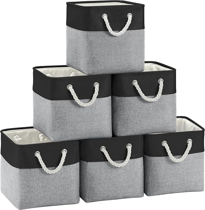 FinishingBo 11 inch Cube Storage Bin with Handles 6 Pack | Foldable Basket, Fabric Storage Bins, Closet Storage, Home Organizer (Black/ Gray) by SimplifySpaceSimplifyLife