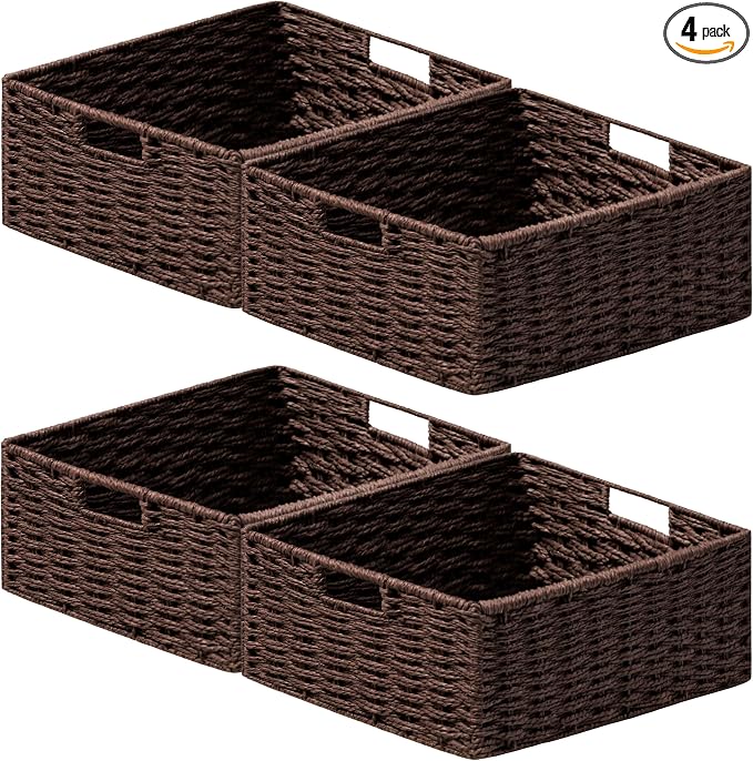 joybest Dark Brown Wicker Baskets for Shelves, Hand-woven Storage Baskets | 13L x 10W x 5H inch for Pantry, Kichen Organizing, Foldable Rectangular Bin with Handles, 4-pack by joybest
