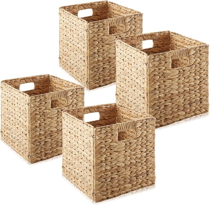 Casafield 10.5" x 10.5" Water Hyacinth Storage Baskets, Natural - Set of 4 Collapsible Cube Organizers, Woven Bins for Bathroom, Bedroom, Laundry, Pantry, Shelves by Casafield