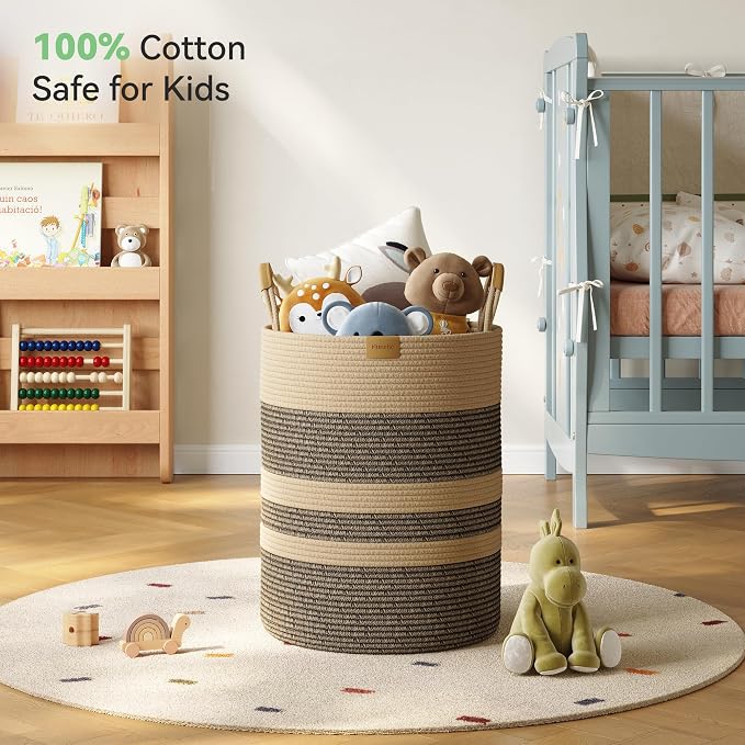 Nunsino 62L Striped Laundry Hamper with Leather Handles,Large Foldable Laundry Basket for Clothes,Cotton Rope Storage Bin for Blankets,Woven Clothes Basket for Bedroom,Dark Brown Stripes - Image 3