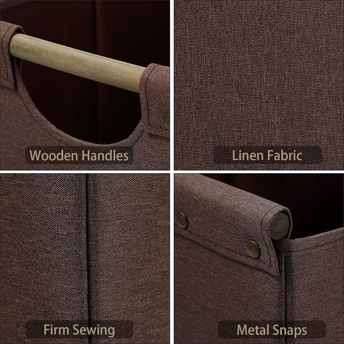 HOONEX Collapsible Storage Bins, 13x13x13 Inches Storage Cubes Linen Fabric, 3 Pack, Storage Baskets with Wooden Carry Handles and Sturdy Heavy Cardboard, for Home, Office, Car, Nursery, Brown - Image 6