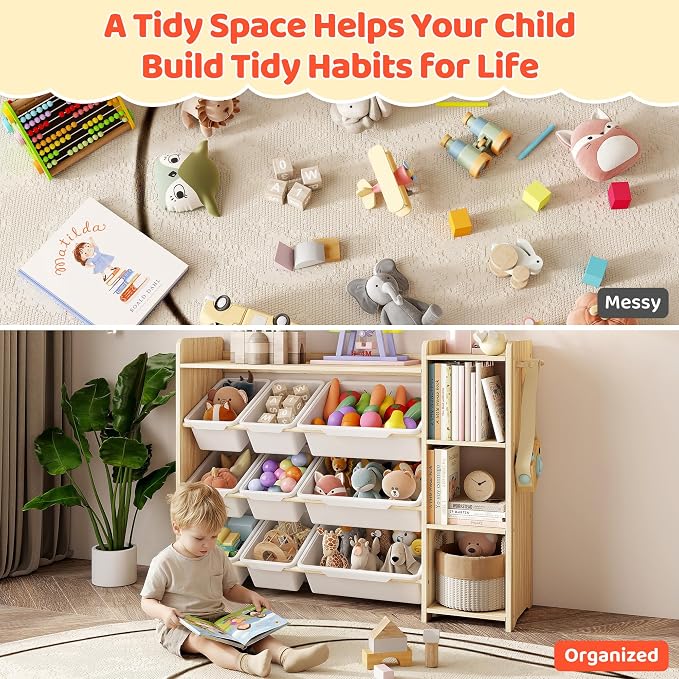 DOREROOM Toy Storage Organizer with Bookshelf, Kids Toy Storage and Organizers with 3 Shelves/9 Bins/3 Hooks, Bin Shelf, Toy Organization for Playroom, Nursery, Bedroom, Toddler Room | Wood & White - Image 4