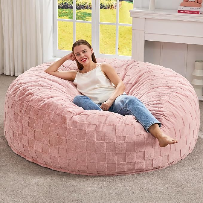 Hobestluk Adults Bean Bag Chair 5FT Big BeanBag Chair Giant Large Oversized | Memory Foam,Washable Cover,Unique Fluffy Plaid,Comfy Adult BeanBag with Filler Lounging Gaming Bedroom Living Room | Pink 5FT by YourHomeDeservesMore