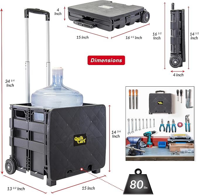 dbest products Quik Cart Sport Collapsible Rolling Crate on Wheels for Teachers Tote Basket 80 lbs Capacity, Made from Heavy Duty Plastic, Black, Compact | Roll Up to 80 lbs Capacity, Heavy Duty Plastic Construction, Telescoping Handle, Foldable Utilit... - Image 3