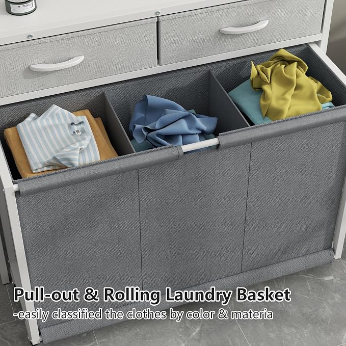 Laundry Hamper Laundry Basket with 3 Section Pull-Out Rolling Bags, Laundry Sorter for Organization and Storage with 2 Pull-Out Drawers for Laundry Room (White+Grey, 32.68'' x 31.81'' x 12.6'') - Image 6