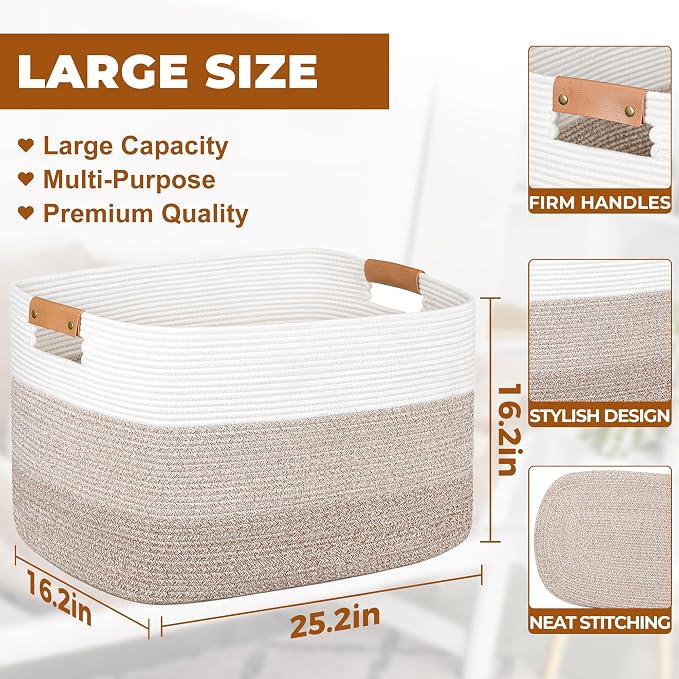 108L Large Blanket Basket for Living Room, Woven Storage Basket with Leather Handles, Cotton Rope Storage Organization in Nursery for Toys & Clothes 25 ''* 16 ''*16 '', Gradient Brown - Image 2