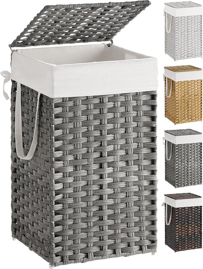 SONGMICS Laundry Hamper with Lid, 17.2 Gallon (65 L) Synthetic Rattan Clothes Laundry Basket with Lid and Handles, Foldable, Removable Liner, Dove Gray ULCB165G01 by Unknown