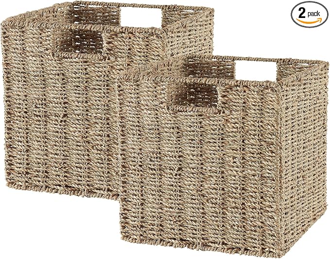 Wicker Storage Basket, Set of 2 Seagrass Storage Baskets, Foldable Wicker Basket 9 Inch Square Cube Storage Bins Storage Baskets for Organizing Shelf Baskets, 9''x9''x9'' by Vagusicc