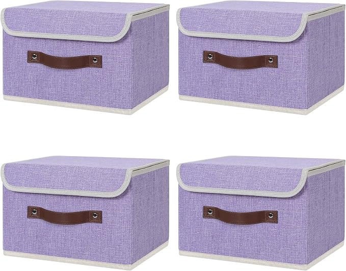 ANMINY Fabric Storage Box Bins with Lids, Purple, 10"x8"x7", 4 Pack | Keepsake Memory Storage, Cotton Linen, PP Board Reinforced, Washable, PU Handles, Foldable & Stackable, Decorative, Small by ANMINY