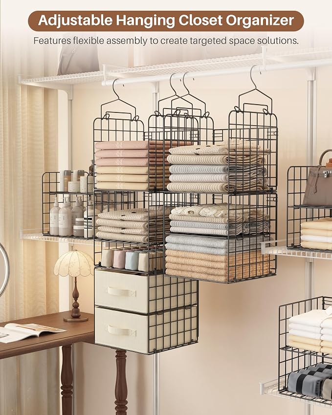 4 Tier Metal Hanging Closet Organizer with 2 Fabric Drawers | Heavy Duty Foldable Clothes Storage Rack ,No Sag Storage Rack for Clothes, Sweaters, Hats, Small Closets, Apartments, Dorms - Image 4