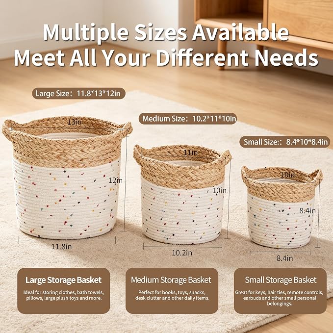 3 Pack Cute Rainbow Woven Rope Storage Baskets for Organizing, Belly Basket for Puppy Toy & Home Storage, Decorative Organizer for Living Room, Bathroom & Gifting, 13", 11" & 10" - Image 3