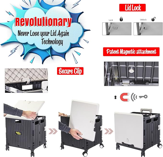 dbest Products Quik Cart Swing Lid Four Swivel Wheeled Rolling Crate Teacher Utility with seat Heavy Duty Collapsible Basket with Dual Telescopic Wagon Handle - Image 2